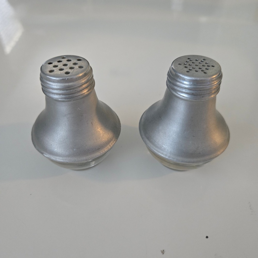 Vintage Aluminum and Glass Salt and Pepper Shakers Set Mid Century Modern Retro